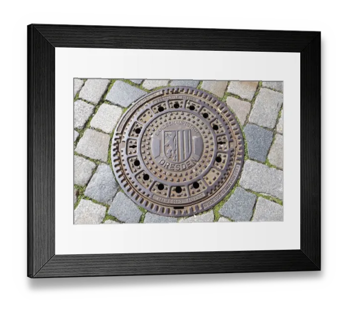 Framed Print : Historical manhole cover with the city Coat of Arms, Dresden, Saxony, Germany, Europe