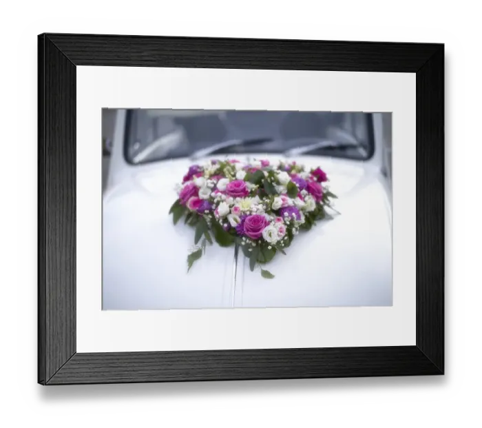 Framed Print : Flower heart, flower decoration on decorated wedding car