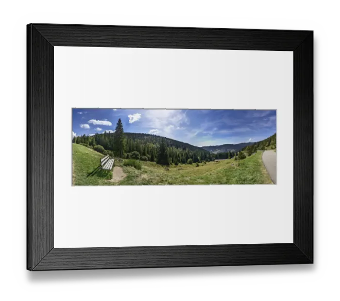 Framed Print : Resting place with bench and view over the landscape of the Black Forest with coniferous forests and hills near St