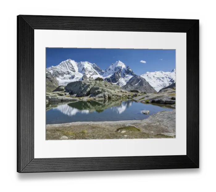Framed Print : Small mountain lake on Fuorcla Surlej with Piz Bernina, Piz Roseg and Piz Glueschaint, Silvaplana, Bernina Alps, Upper Engadine, Engadine, Grisons, Switzerland, Europe Framed Print : Small mountain lake on Fuorcla Surlej with Piz Bernina, Piz Roseg and Piz Glueschaint, Silvaplana, Bernina Alps, Upper Engadine, Engadine, Grisons, Switzerland, Europe