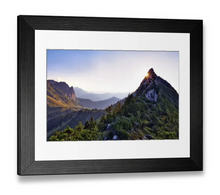 Framed Print : Sun star on Choepfenberg, mountain landscape at sunset
