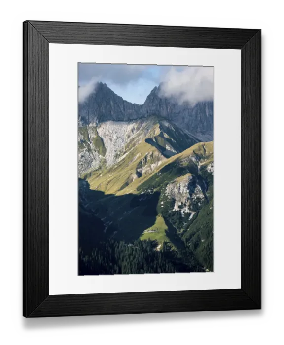 Framed Print : Rocky mountain ridge, cloudy summit Scharnitzspitze, view from the summit of Hohe Munde, Mieminger Mountains, Tyrol, Austria, Europe