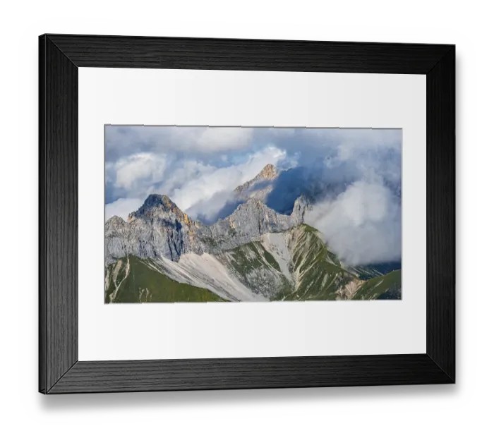 Framed Print : Rocky mountain ridge, cloudy peaks Oberreintalschrofen and Scharnitzspitze