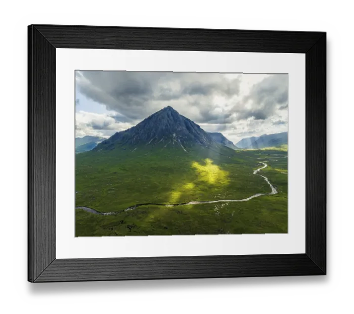 Framed Print : Sun Rays over The Buachaille or Buachaille Etive Mor and River Coupall from a drone Framed Print : Sun Rays over The Buachaille or Buachaille Etive Mor and River Coupall from a drone