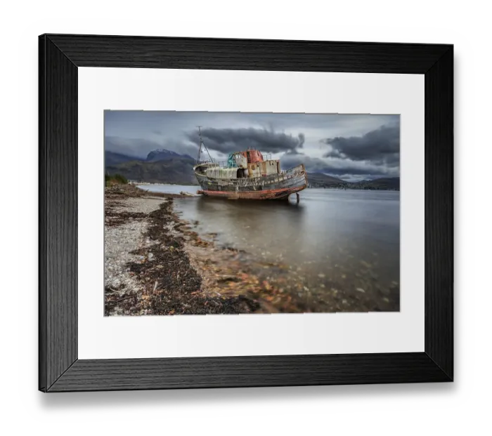 Framed Print : Shipwreck, coast, sea, mountains