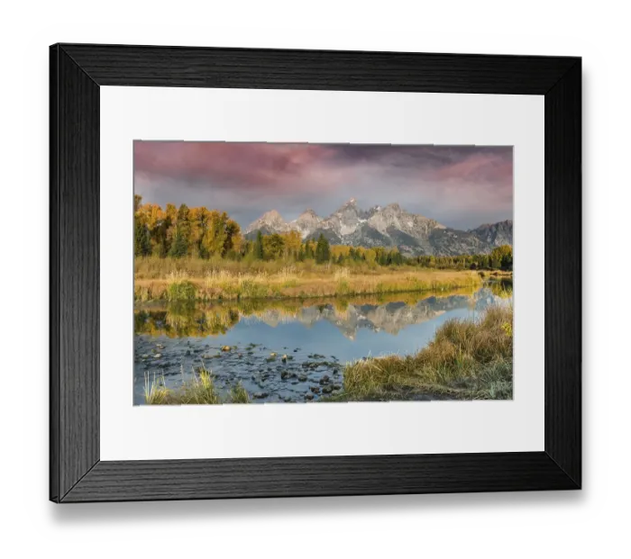 Framed Print : Red clouds at sunrise, Grand Teton Range mountain range reflected in the river
