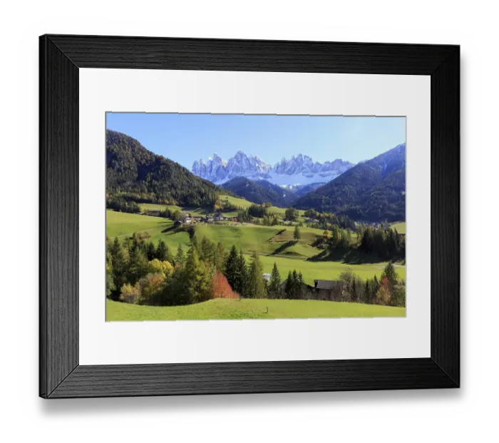 Framed Print : Autumn mountain landscape with a village surrounded by colourful trees