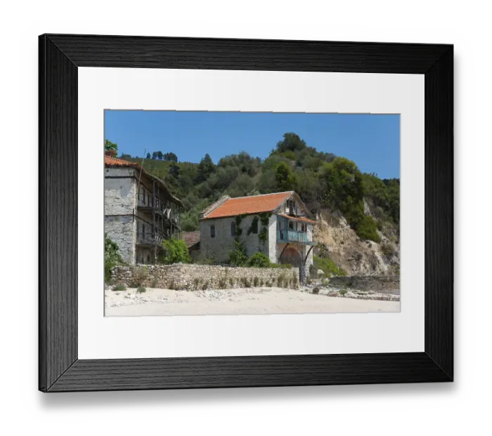 Framed Print : At the border, Arsanas Chromnitsas, Mount Athos, Orthodox monastic republic with autonomous status under Greek sovereignty, Athos Peninsula, Halkidiki, Central Macedonia, Greece, Europe