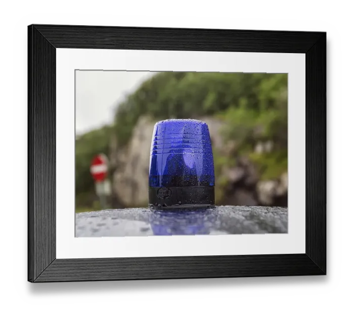 Framed Print : Blue light on a car roof, police patrol car Framed Print : Blue light on a car roof, police patrol car