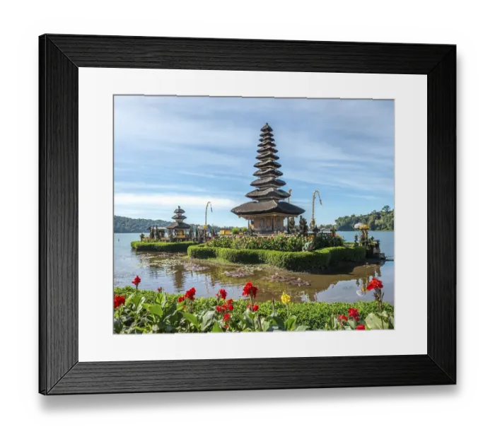Framed Print : Pura Ulun Danu Bratan Buddhist water temple with flowers, Bratan Lake, Bali, Indonesia, Asia