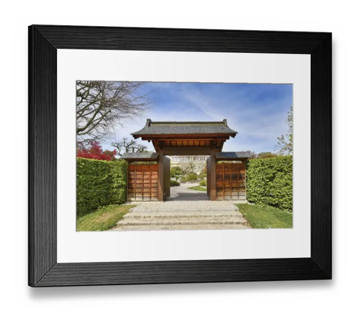 Framed Print : Freiburg, Germany, April 2022: Entrance gate of Japanese garden in public park called Seepark