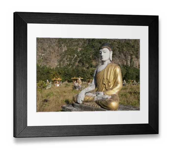 Framed Print : Buddha statue in Lumbini Garden under Mt Zwegabin, Hpa-an, Karen, Kayin State, Myanmar, Asia Framed Print : Buddha statue in Lumbini Garden under Mt Zwegabin, Hpa-an, Karen, Kayin State, Myanmar, Asia