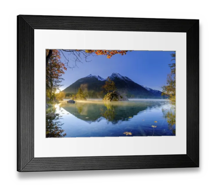 Framed Print : Hintersee with morning fog at sunrise