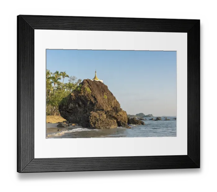 Framed Print : Golden stupa on rock at coastline Framed Print : Golden stupa on rock at coastline