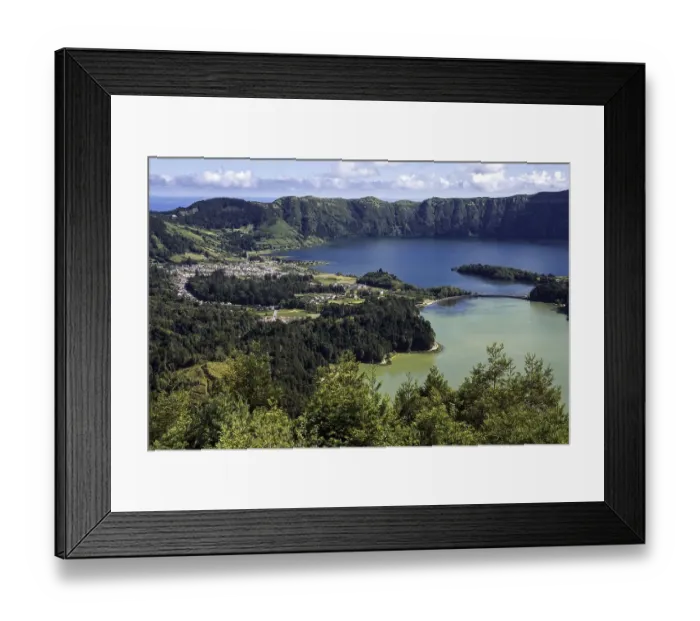 Framed Print : View from Miradouro da Vista do Rei into the volcanic crater Caldera Sete Cidades with the crater lakes Lagoa Verde Framed Print : View from Miradouro da Vista do Rei into the volcanic crater Caldera Sete Cidades with the crater lakes Lagoa Verde