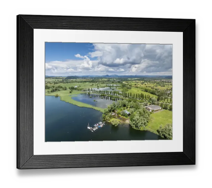 Framed Print : Aerial view of western Lake Constance with the Radolfzeller Aachried and the Mooser Damm at high water