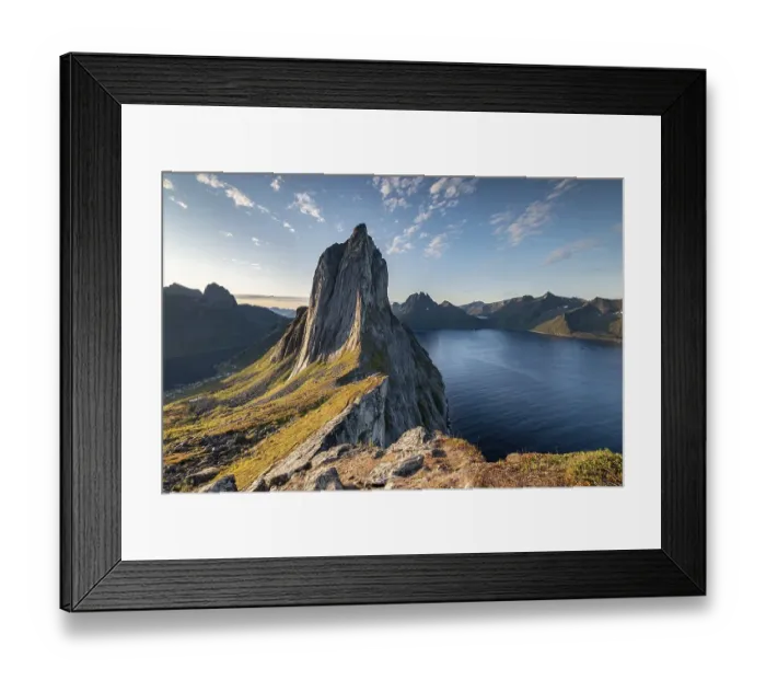Framed Print : Steep mountain Segla, fjord Mefjorden with mountains