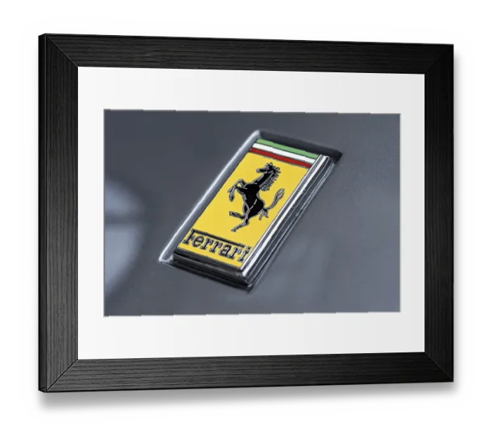 Framed Print : Logo of the Ferrari car brand on a vintage sports car Ferrari 275 GTB4