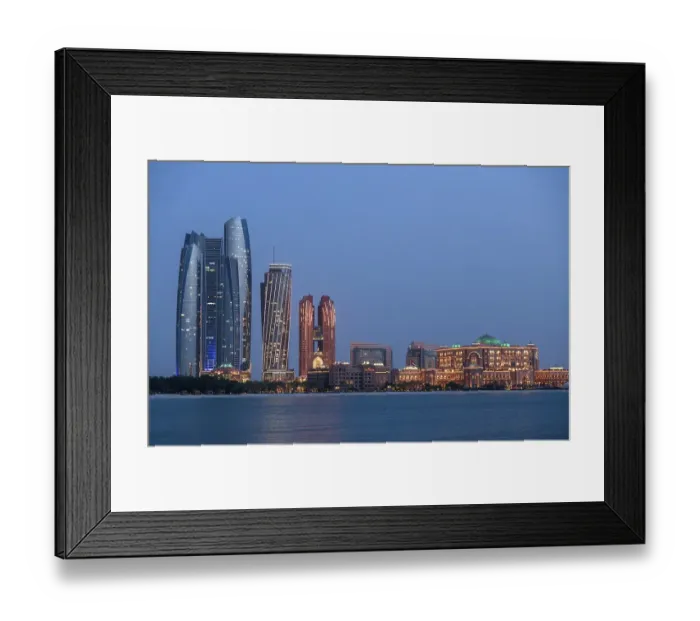Framed Print : Skyline at dusk, Etihad Towers and Emirates Palace Hotel, Abu Dhabi, Emirate of Abu Dhabi, United Arab Emirates, Asia
