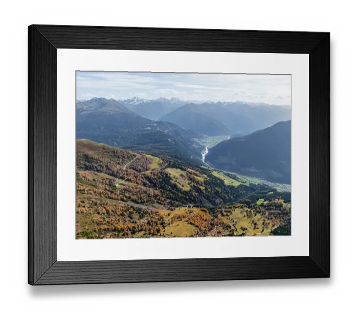 Framed Print : View of the mountain panorama and the Upper Inn Valley in the morning light