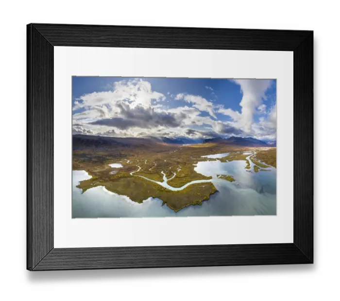 Framed Print : Autumn tundra, river delta of the two rivers Visttasjohka and Laddjujohka