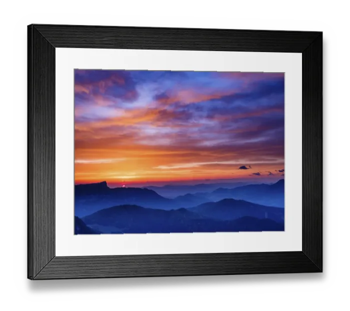 Framed Print : Alpine panorama at sunrise with red clouds