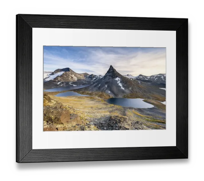 Framed Print : Mount Kyrkja with mountain landscape and lakes Framed Print : Mount Kyrkja with mountain landscape and lakes