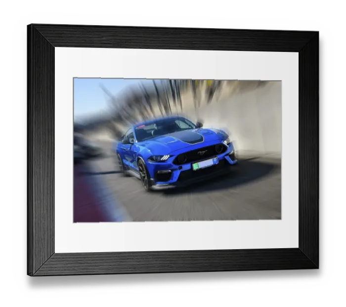 Framed Print : Dynamic photo with zoom effect of sports car race car Ford Mustang leaving pit lane Framed Print : Dynamic photo with zoom effect of sports car race car Ford Mustang leaving pit lane
