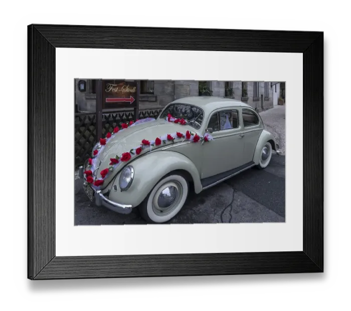 Framed Print : Oldtimer, VW Beetle from 1955 as wedding car decorated with roses