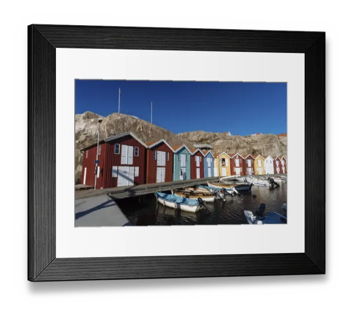 Framed Print : Boats and colourful boathouses in the harbour of Smoegen Framed Print : Boats and colourful boathouses in the harbour of Smoegen