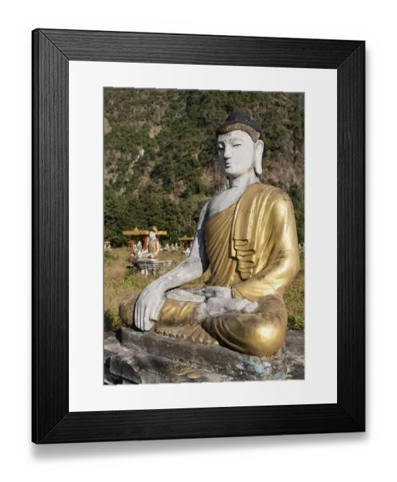 Framed Print : Buddha statue in Lumbini Garden under Mt Zwegabin