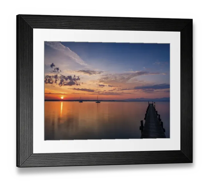 Framed Print : Sailing boats and jetty on Lake Chiemsee at sunrise
