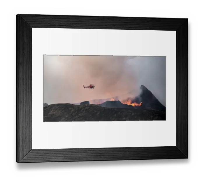 Framed Print : Helicopter flying over smoking active volcanic crater Framed Print : Helicopter flying over smoking active volcanic crater