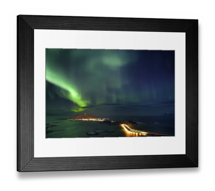 Framed Print : Fjord with islands in winter and the northern lights Framed Print : Fjord with islands in winter and the northern lights