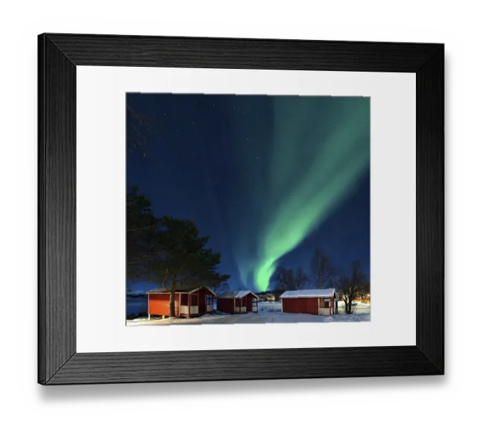 Framed Print : Northern lights camping cabins Tysjford Norway