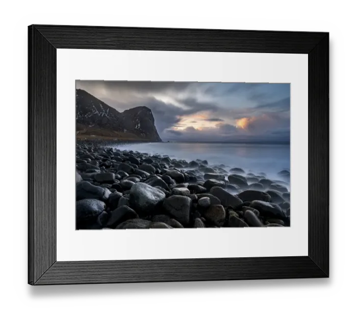 Framed Print : Rocky coast with surf, Unstad Beach