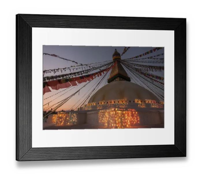Framed Print : Boudhanath Stupa decorated with prayer flags and lights for the full moon festival