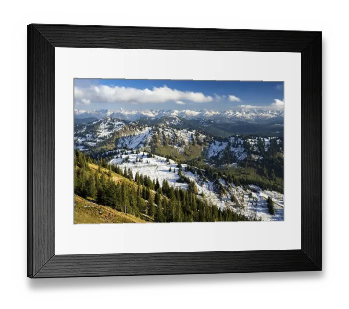 Framed Print : Mountain landscape, view from Hochgrat in the Allgaeu Alps of snow-covered peaks of the Alps in sunshine and blue sky Framed Print : Mountain landscape, view from Hochgrat in the Allgaeu Alps of snow-covered peaks of the Alps in sunshine and blue sky