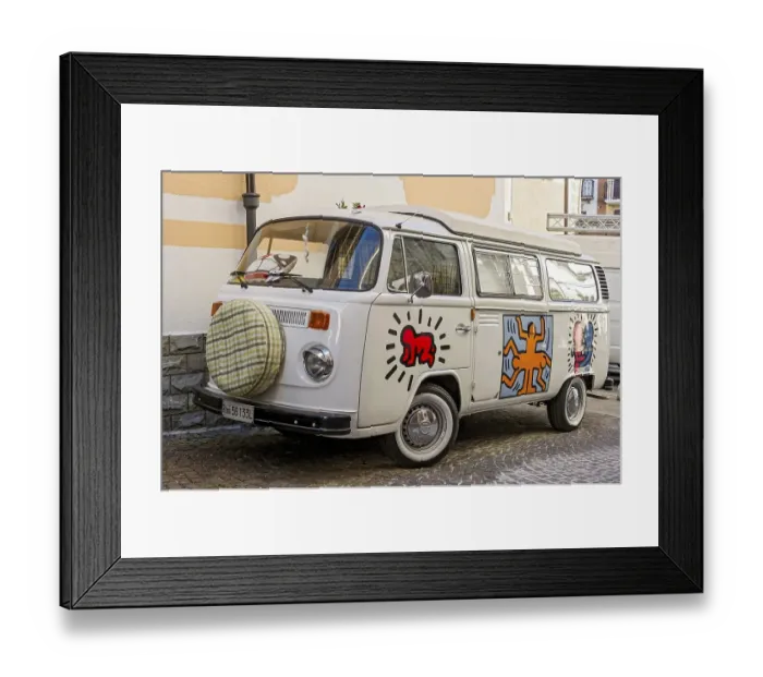 Framed Print : White VW Bus, Camping Bus Volkswagen VW Type 2 T2