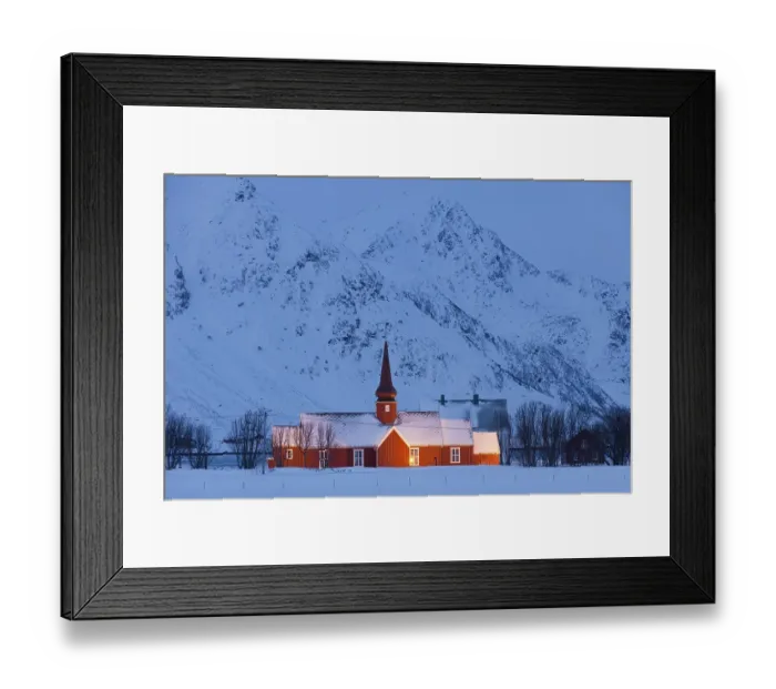 Framed Print : Flakstad Church at night in the snow in winter