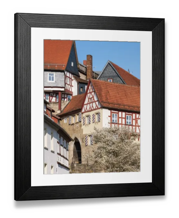Framed Print : Half-timbered houses on the city wall at the Bamberg Gate in the old town of Kronach Framed Print : Half-timbered houses on the city wall at the Bamberg Gate in the old town of Kronach