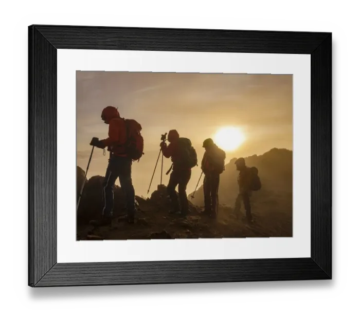 Framed Print : Mountaineers in the fog at sunrise on Iliniza North