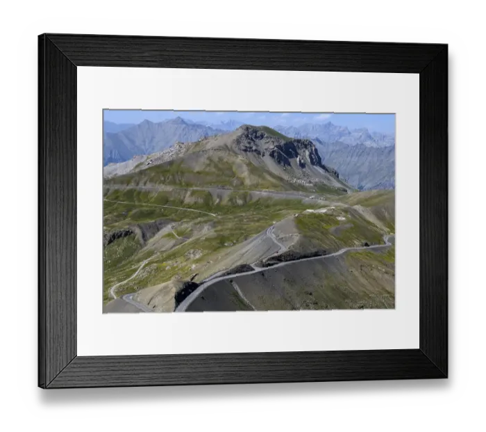 Framed Print : View from Cime de la Bonette on high alpine mountain landscape with alpine pass Col de la Bonette in the middle