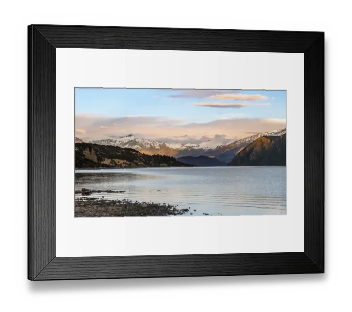 Framed Print : Sunrise, mountains with snow at Lake Wanaka