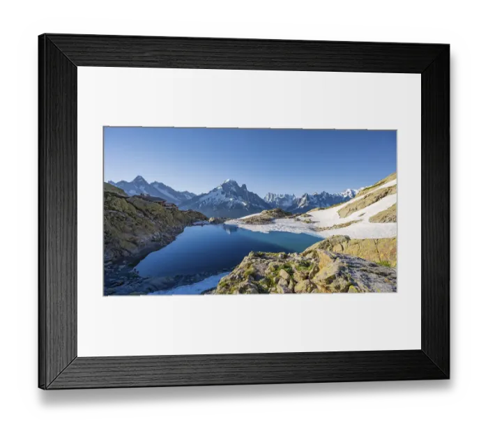 Framed Print : Mountain panorama with water reflection in Lac Blanc