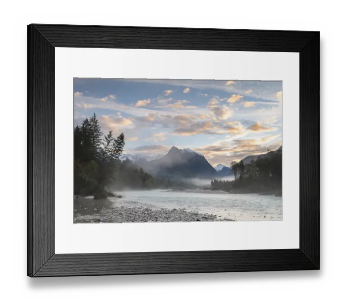 Framed Print : River Soca with Svinjak Mountain in the morning Framed Print : River Soca with Svinjak Mountain in the morning