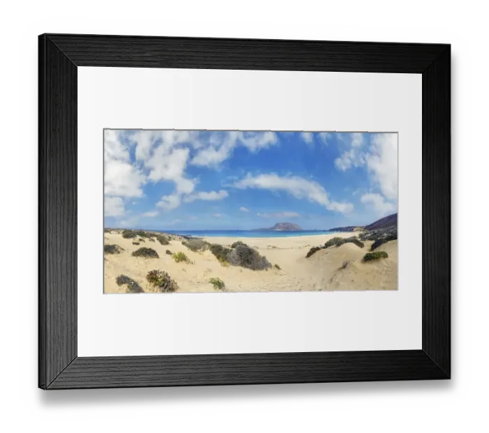 Framed Print : Dune landscape, Playa de las Conchas with volcano Monte Bermeja