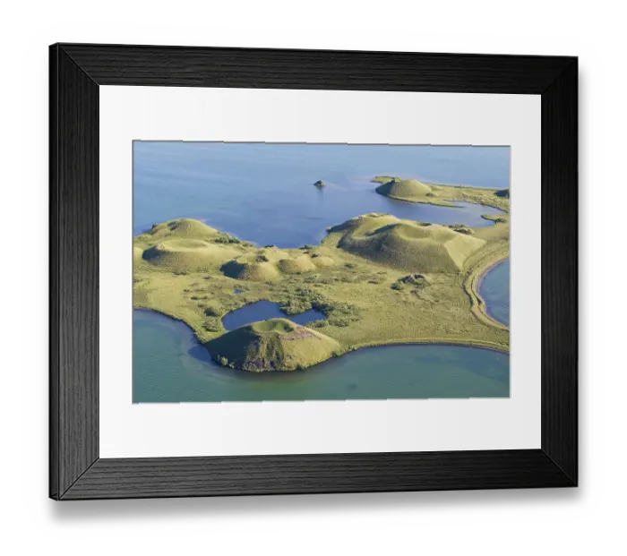 Framed Print : Aerial view, pseudo crater at Skutustaoir on Lake Myvatn Framed Print : Aerial view, pseudo crater at Skutustaoir on Lake Myvatn