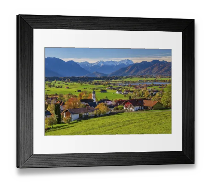 Framed Print : View of the village in autumn with Riegsee