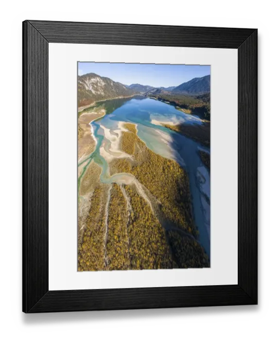 Framed Print : Aerial view, natural riverbed of the upper Isar in front of the Sylvenstein reservoir Framed Print : Aerial view, natural riverbed of the upper Isar in front of the Sylvenstein reservoir